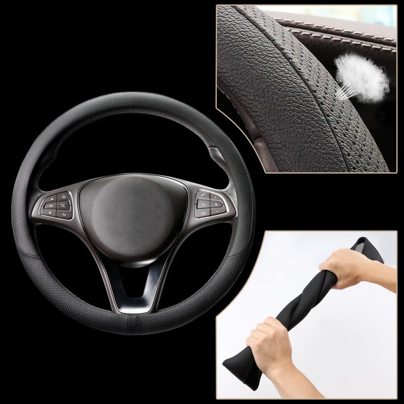 COFIT Breathable Car Steering Wheel Cover 15 inch Auto Universal Leather Wrap Non-Slip Steeringwheel Protector Automotive Interior Accessories, Black (Suit for 14.5-15 inch) - Image 3